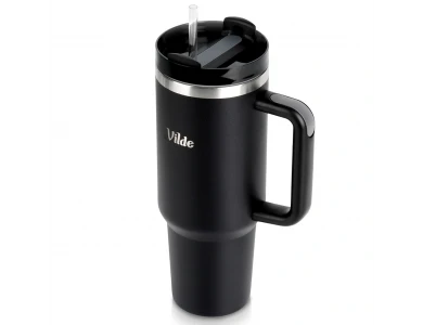 Vilde Travel Mug Steel, Θερμός Ανοξείδωτο 1.2lt με Καλαμάκι και Λαβή, Black