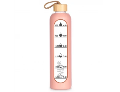 Vilde Water Bottle Glass 1L, Γυάλινο Μπουκάλι με Δείκτη Χρόνου Καπάκι από Μπαμπού Αεροστεγές & Κλείσιμο Κάλυμμα Σιλικόνης, Pink