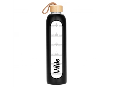 Vilde Water Bottle Glass 1L, Γυάλινο Μπουκάλι με Δείκτη Χρόνου Καπάκι από Μπαμπού Αεροστεγές & Κλείσιμο Κάλυμμα Σιλικόνης, Black