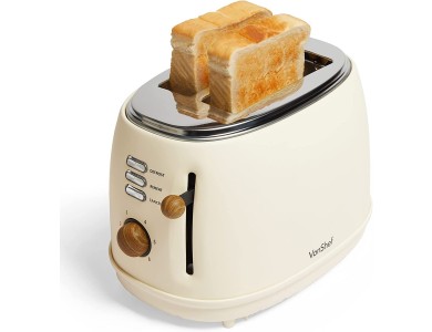 VonShef Cream and Wood Toaster, 850W with 6 Level Thermostat, High Lift-Eject & Crumb tray