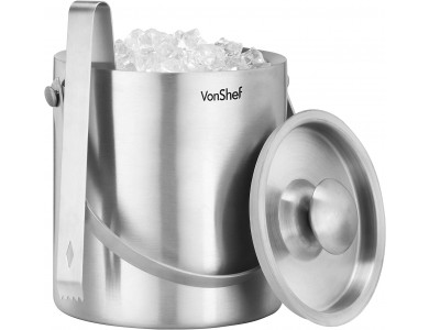 VonShef 2L Ice Bucket, Stainless Steel Ice Bucket with Lid and Tongs, Silver
