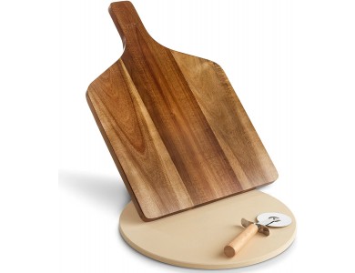 VonShef Pizza Stone Set 30cm, with Ceramic Baking Stone, Acacia Serving Plate & Cutting Wheel