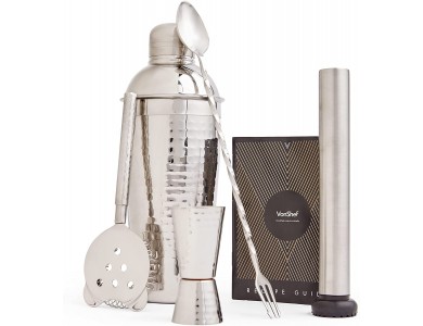 VonShef Cocktail Set 5τμχ., Σετ για Κοκτέιλ από Ανοξείδωτο Ατσάλι με 750ml Shaker & Recipe Book, Silver Hammered