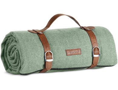 VonShef Picnic Blanket, Waterproof fabric and Vegan Leather handle 147x180cm, Green Herringbone - 1000228