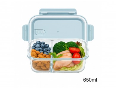 AJ Glass Food Container 2-Place Transparent with Blue Lid & Airtight Closure, 650ml