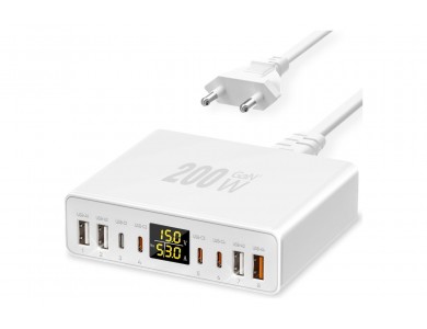 AJ Sparkit 8GaN, 200W Charging Hub 8 Θυρών GaN με 4 Θύρες USB-C PD & 4 Θύρες USB-A QC3.0, Οθόνη LED & PPS, White