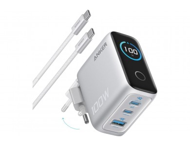Anker 100W GaN Φορτιστής Πρίζας 3 Θυρών με Smart Display & Καλώδιο USB-C 100W, Silver