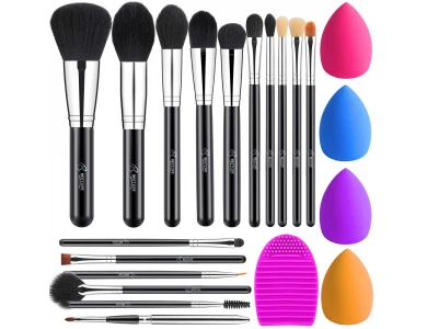 BESTOPE Makeup Brushes, Σετ 16 πινέλων μακιγιάζ, Cruelty-free, Vegan + 4 Beauty Sponges + 1 Silicone Brush Cleaner, Silver