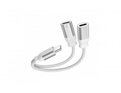 Swissten 2-in-1 USB-C Male σε 2xUSB-C Female Audio Charging Splitter 12εκ. με Νάυλον Ύφανση, White
