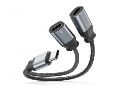 Swissten 2-in-1 USB-C Male σε 2xUSB-C Female Audio Charging Splitter 12εκ. με Νάυλον Ύφανση, Black