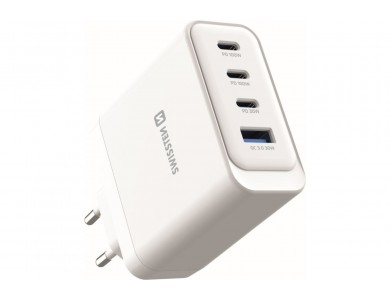 Swissten Core 100W GaN Φορτιστής Πρίζας με 3 Θύρες USB-C & Θύρα USB-A με Υποστήριξη PD / PPS + AVS, White
