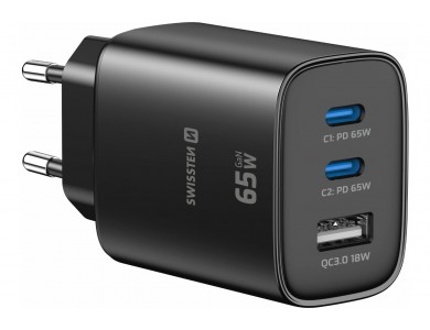 Swissten Edge GaN Φορτιστής πρίζας 3-θυρών 65W, 2x USB-C PD + USB-A QC 18W, Black