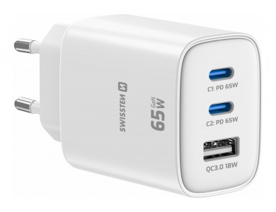 Swissten Edge GaN Φορτιστής πρίζας 3-θυρών 65W, 2x USB-C PD + USB-A QC 18W, White