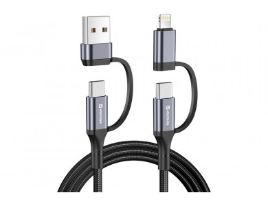 Swissten Textile 4-in-1 2*Type C + USB-A + Lightning Καλώδιο, 1.5μ. με Νάυλον ύφανση, Μαύρο