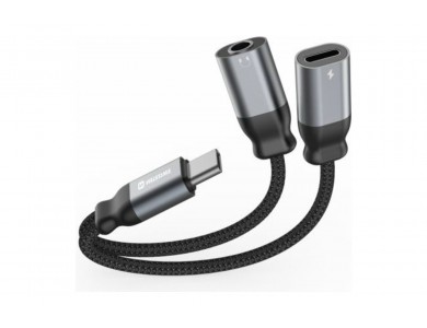 Swissten Textile Charging Audio Adapter USB-C Male σε USB-C Female & 3.5mm AUX με Νάυλον Ύφανση 12εκ. Black