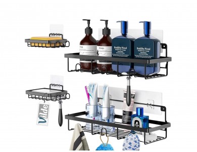 Vilde 4-Pack Shower Caddy, Μεταλλική Ραφιέρα Οργάνωσης Ειδών Μπάνιου Επιτοίχια, Σετ των 4τμχ, Μαύρη